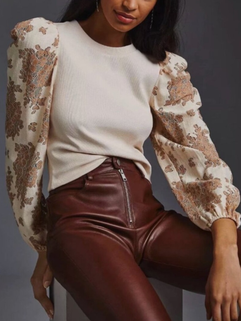 Anthropologie Cream Knit Top with Floral Lace Puff Sleeves